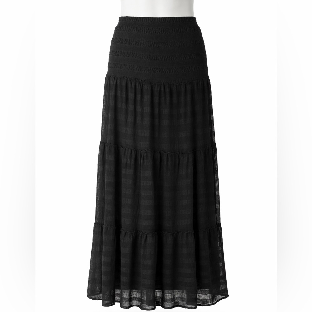 Chicos Black Maxi Broom Skirt Women 1 L 8 10 lace long Mesh Tiered Boho Sheer